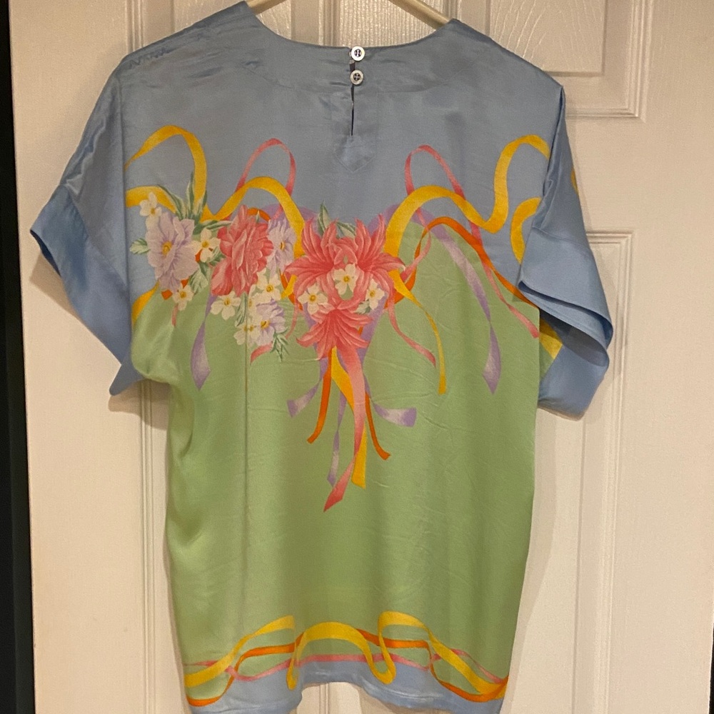 Vintage Escada Floral Silk Top with Ribbon Accents - Picture 9 of 10